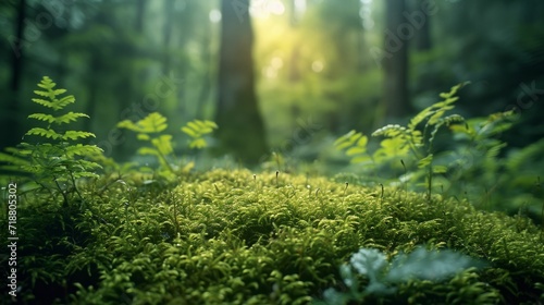 A close-up of intricate moss and ferns in a dense forest.