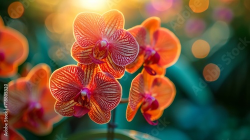 A close-up of vibrant orchids, with a focus on the techniques of precision watering and lighting.