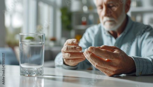 Old senior man taking medication. Senior man takes pill with glass of water in hand. Stressed mature man drinking sedated antidepressant meds. Man feels depressed, taking drugs. Medicines at home photo