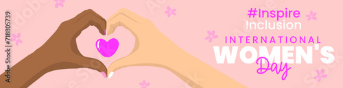 International Women's Day 2024 #InspireInclusion banner template with heart hands sign and flowers on a pink background. 8 march, women's history month concept. Vector design for header of website