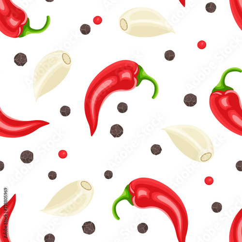 Background  with dry peppercorns, garlic cloves and hot red chili peppers. Food seamless pattern. Vector cartoon flat illustration of spicy spices. © Iv85