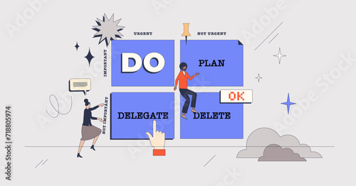 Priority matrix as tool for work or time management retro tiny person concept. Table with urgent and important tasks for productive job planning vector illustration. Choice to do, plan or delegate.