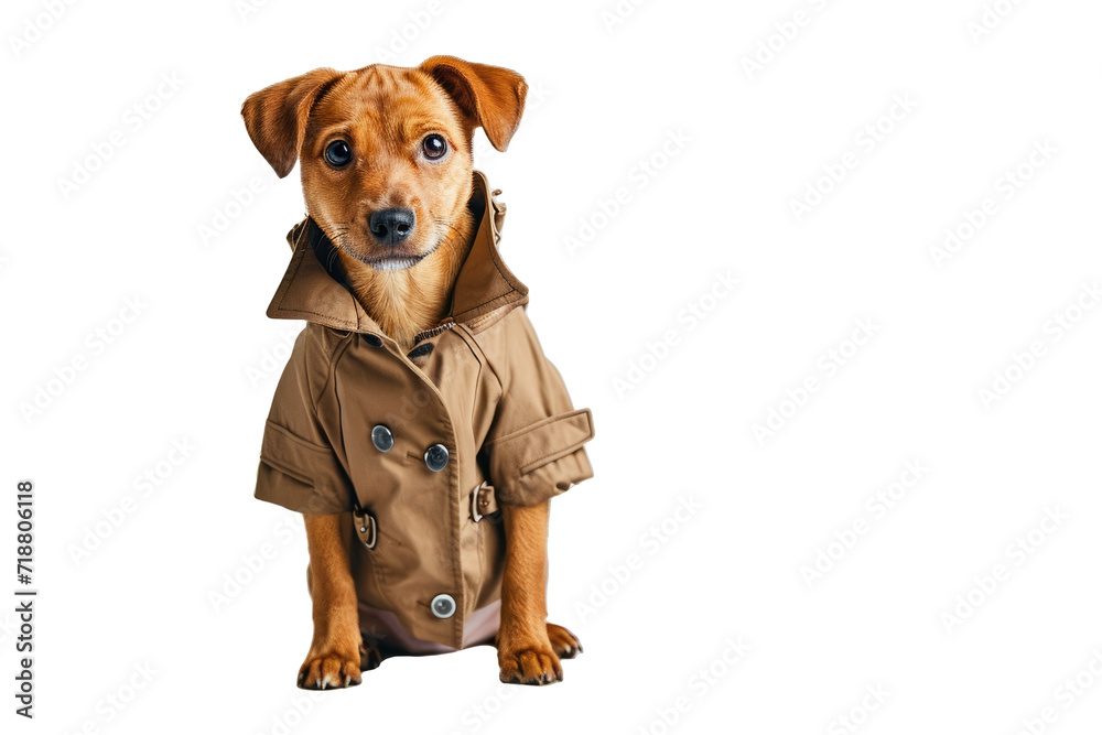 dog in a stylish raincoat, personifying sophistication, on a white background