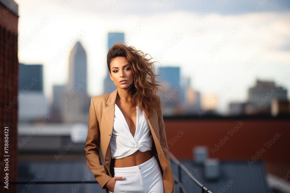 model on city rooftop with skyline behind