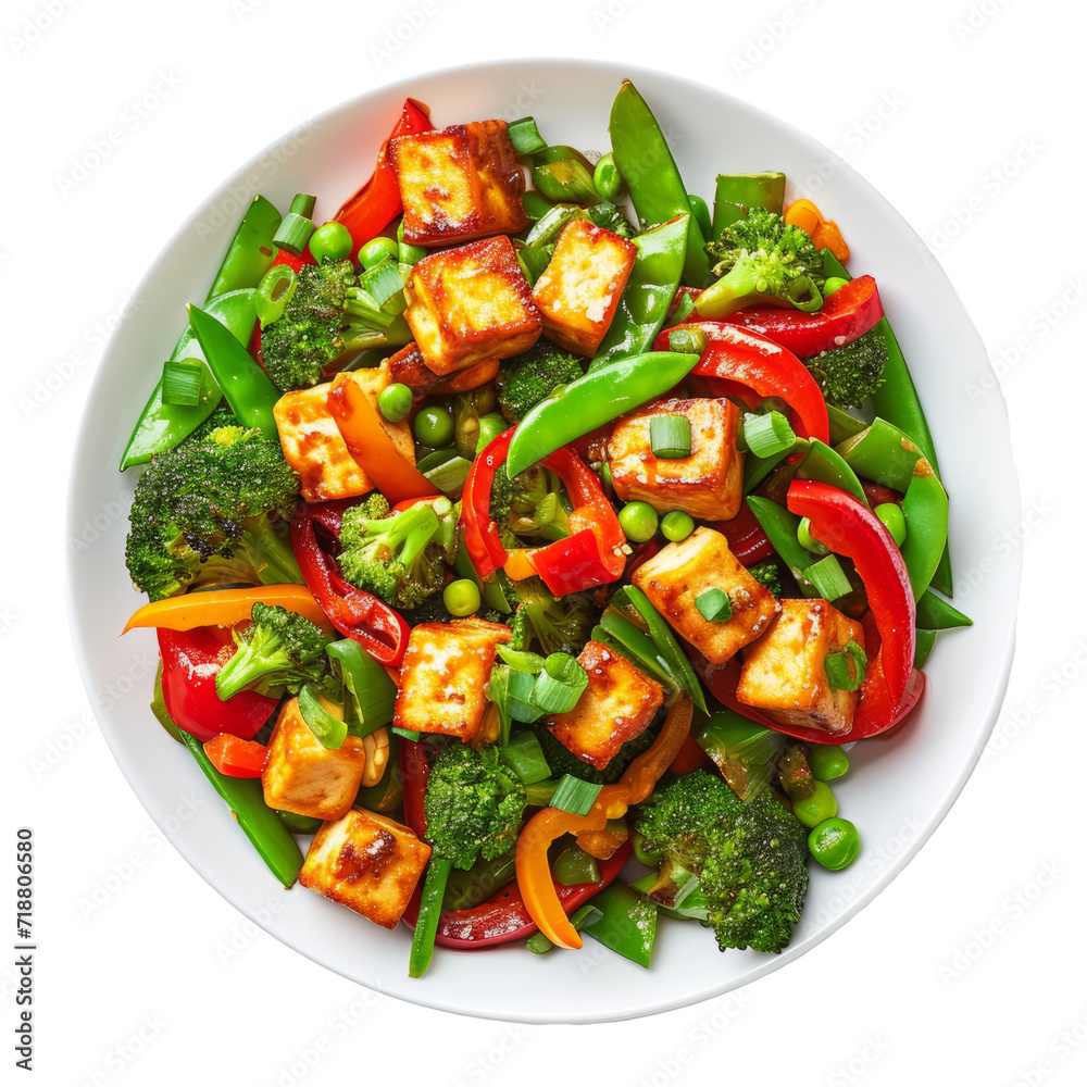 vegetable stir-fry with tofu, bell pepper, broccoli and peas in a healthy and attractive vegetarian dish on a white background vegetable stir-fry with tofu, bell pepper, broccoli and peas in a healthy and attractive vegetarian dish on a white background
