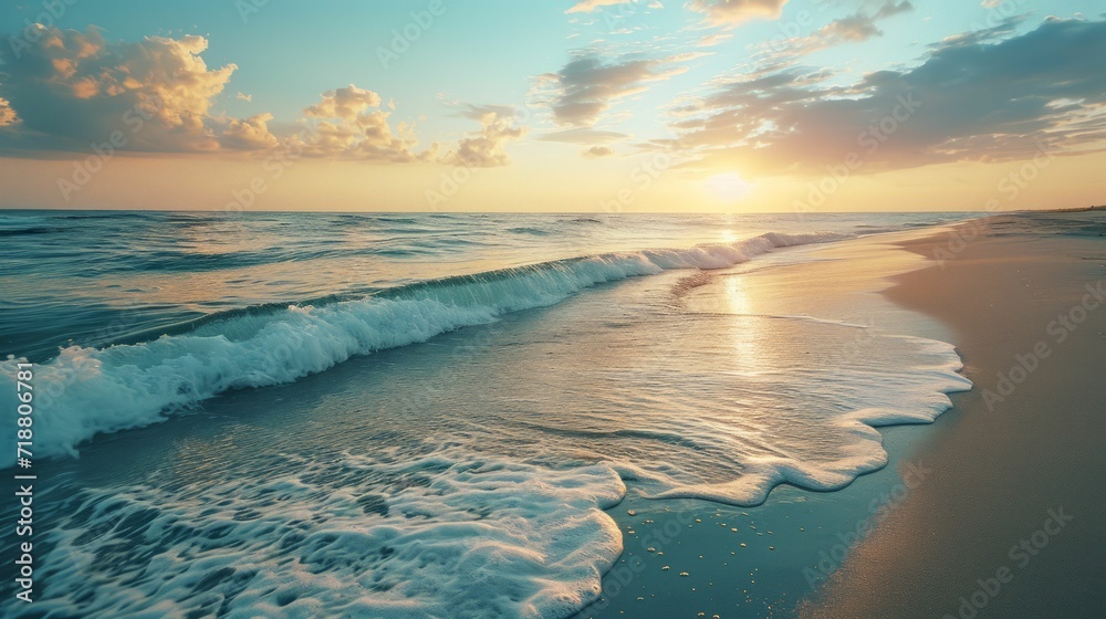 A serene beach with gentle waves lapping at the shore.