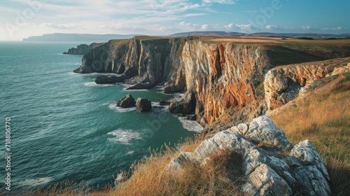 A rugged windswept cliff face overlooking the ocean.