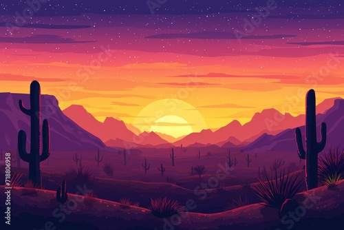 Panoramic picture of the desert at sunset. Generative Ai.