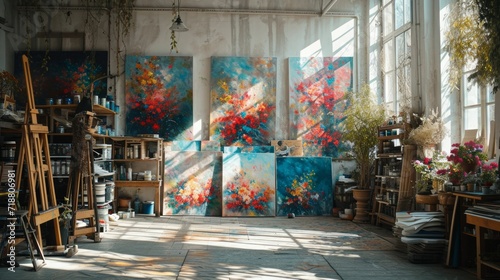An artist's studio bathed in natural light, with oil paintings in various stages of completion.