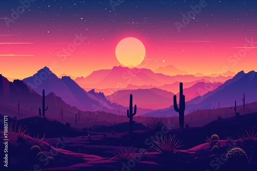 Panoramic picture of the desert at sunset. Generative Ai. © Planum