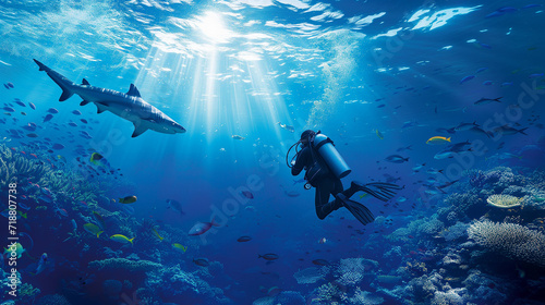 Scuba Diver and Shark in Sunlit Underwater Reef © Fathima