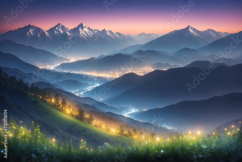 Sunset sky  the mountains landscape  city night lights view 
