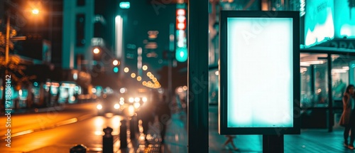 Foto a blank white vertical digital billboard poster on a city street bus stop sign at night