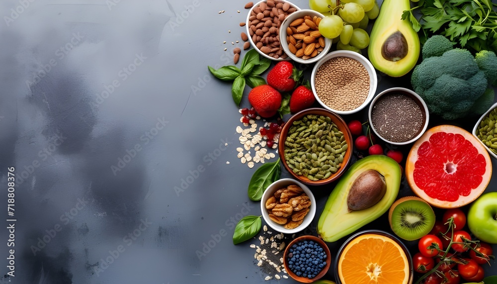Healthy food selection with fruits, vegetables, seeds, superfood, cereals on gray background