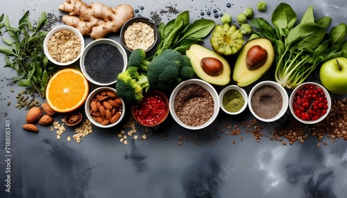 Wallpaper Mural Healthy food selection with fruits, vegetables, seeds, superfood, cereals on gray background Torontodigital.ca