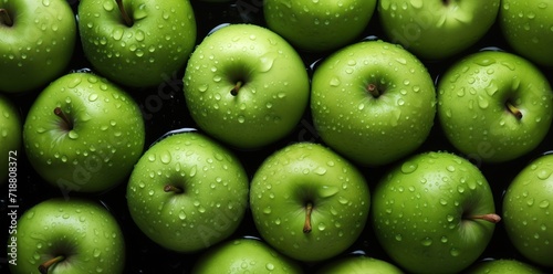green apples with water drop, fruit background, Health, apple on dark photo