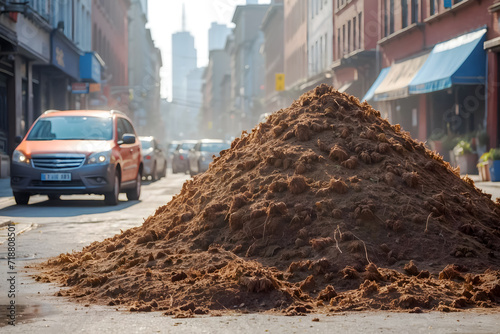 A big pile of manure on a city street. Farmers' protest photo