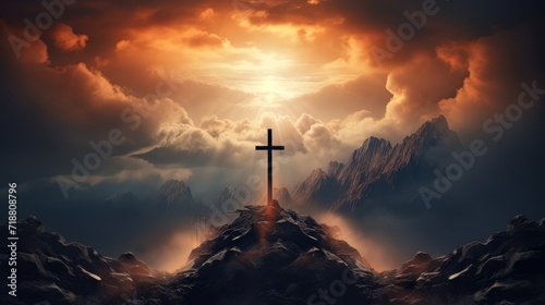 Foto Holy cross symbolizing the death and resurrection of Jesus Christ with the sky over Golgotha Hill is shrouded in light and clouds
