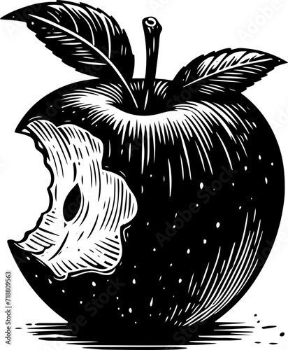 Vector illustration of apple with bite on the left side, black and white on white background