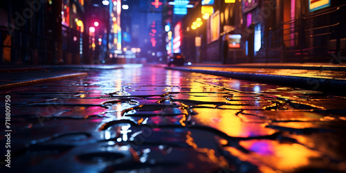 Rainy Night Reflections in the Heart of the City,User Rainy night in a big city, reflections of lights on the wet road surface ,close up of a reflective city street with buildings and neon lights 