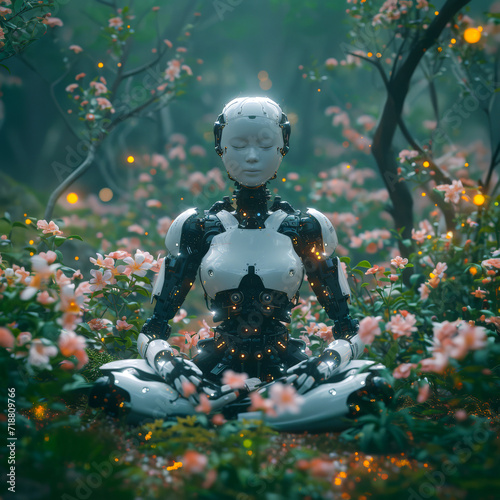 Humanoid robot, ai-generated droid is meditation in lotus pose in a forest with glowing flowers