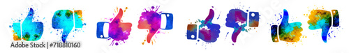 Thumb Up Thumb Down Icon Watercolor Set | Thumbs Up Down Colored Vector Illustration Logo | Thumb-Up Thumb-Down Colorful Icons Isolated Collection