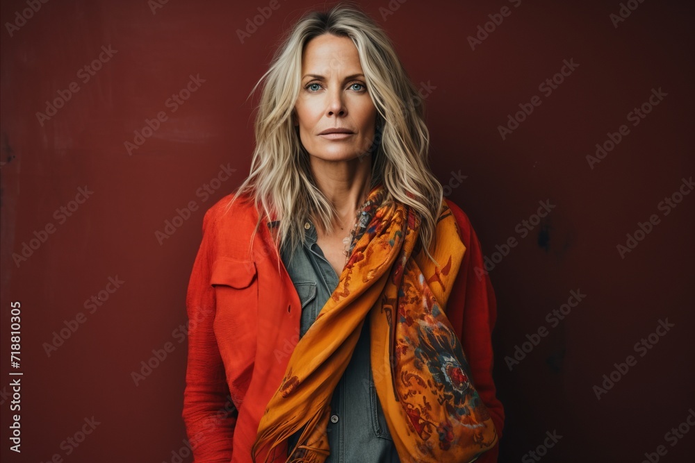 Portrait of a beautiful middle aged woman with long blond hair in a red jacket and orange scarf on a red background. Portrait of a beautiful middle aged woman with long blond hair in a red jacket and orange scarf on a red background.