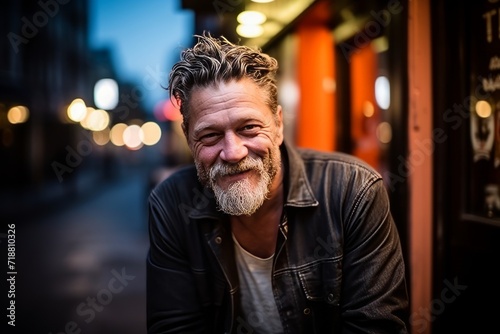 Portrait of a handsome middle aged man with a beard in the city at night. © Juan Hernandez