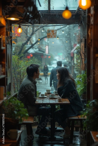 Korean couple in their 20s is having a conversation at a cafe