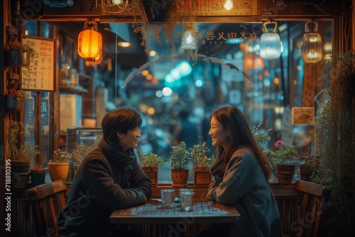 Korean couple in their 20s is having a conversation at a cafe