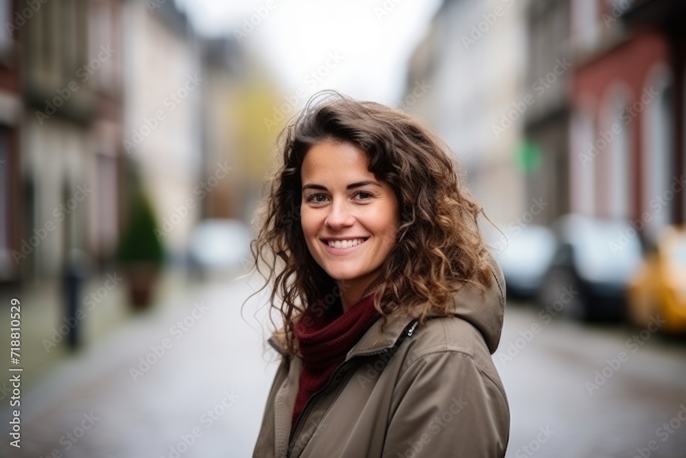 Portrait of a beautiful young woman smiling in a city street