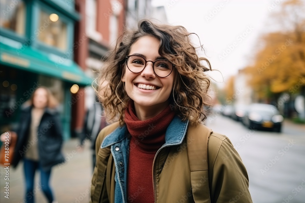 Portrait of a happy young woman in the city, wearing glasses.