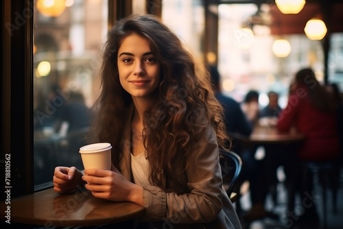 Beautiful young woman drinking coffee in a pub. Selective focus