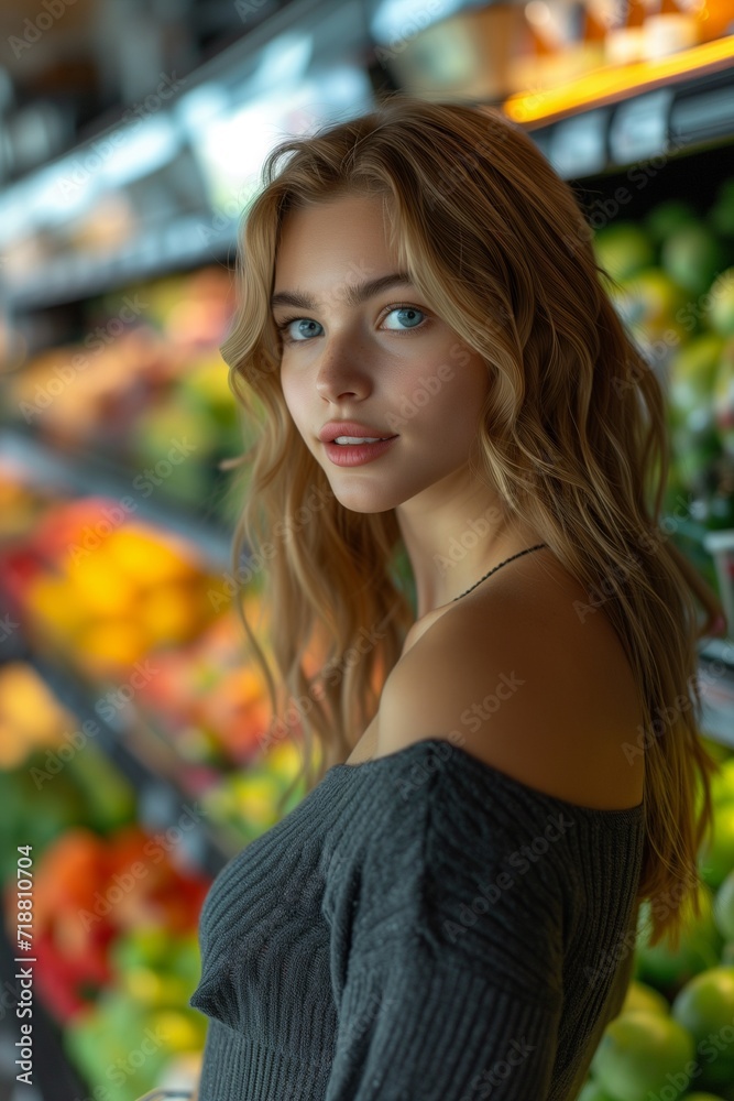 Fototapeta premium Caucasian woman browsing the aisles of a grocery store, carefully selecting fresh produce and groceries for her shopping cart