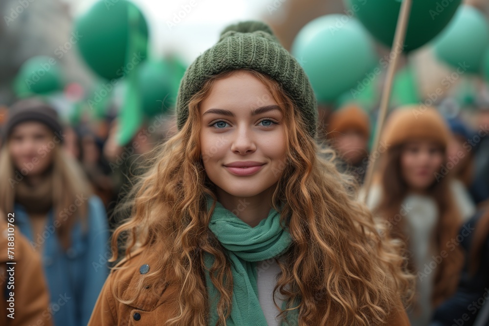 Women holding green flags and balloons at a rally on international womens day Women holding green flags and balloons at a rally on international womens day