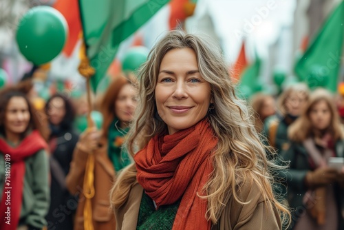 Women holding green flags and balloons at a rally on international womens day © yevgeniya131988