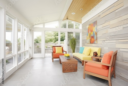 sunroom with stone walls and tiled floor