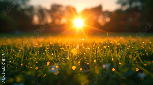 Close-up and detailed photo of field with green grass against sunset background. © CozyDigital