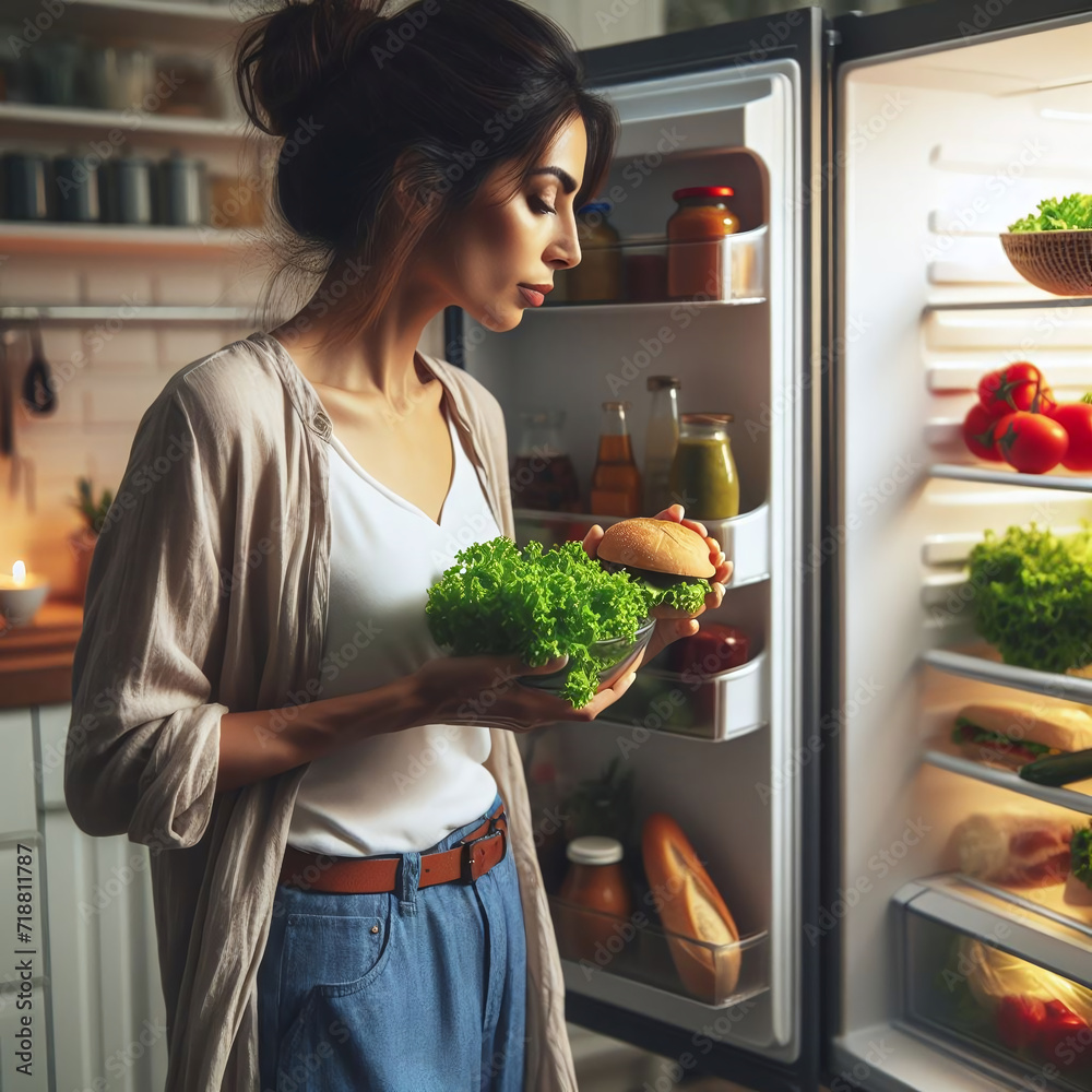 Young woman holding fresh salad near open fridge full of healthy food. - obrazy, fototapety, plakaty 