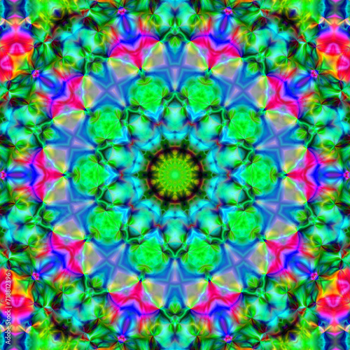 Graphic mandala with repeating elements, kaleidoscope background. Poster design template.