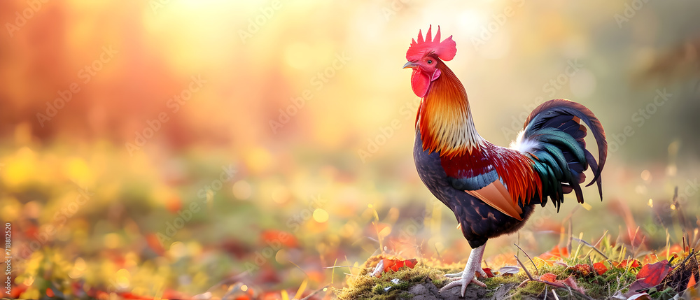 Colorful rooster in front of the farm on beautiful summer morning. Farm animals illustration.	