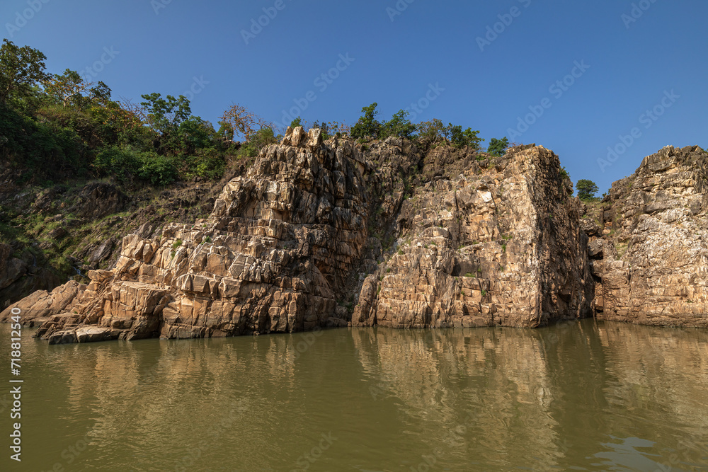 Jabalpur, Madhya Pradesh/India : October 24, 2018 – Dhuandhar waterfall in Narmada river at Bhedaghat, Jabalpur.