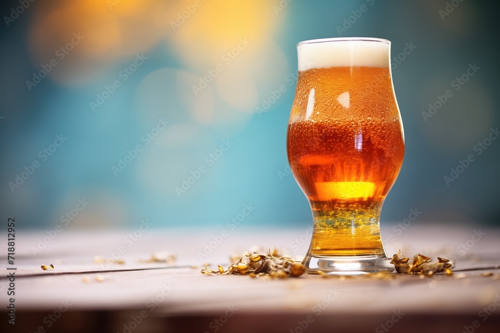amber ale in a chalice glass, rich color, carbonation bubbles visible