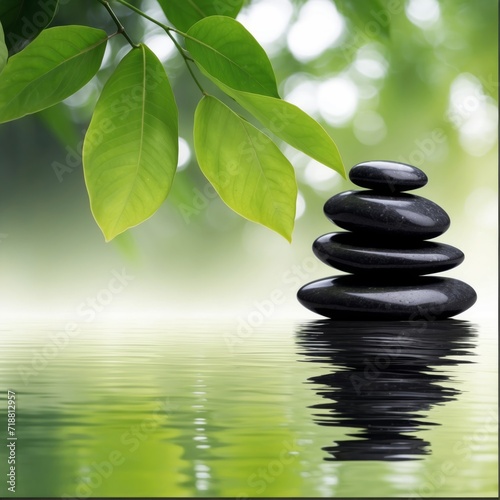 Black zen stones, green leaves, water background
