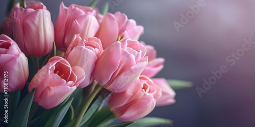 Beautiful bouquet of pink tulips on blurred background. Ai generation.