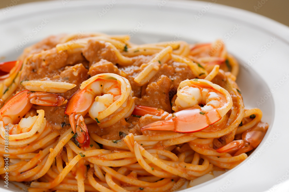 pasta with shrimp. Spaghetti with gravy and small shrimps lie on a white plate close-up, bulk food concept pasta with shrimp. Spaghetti with gravy and small shrimps lie on a white plate close-up, bulk food concept
