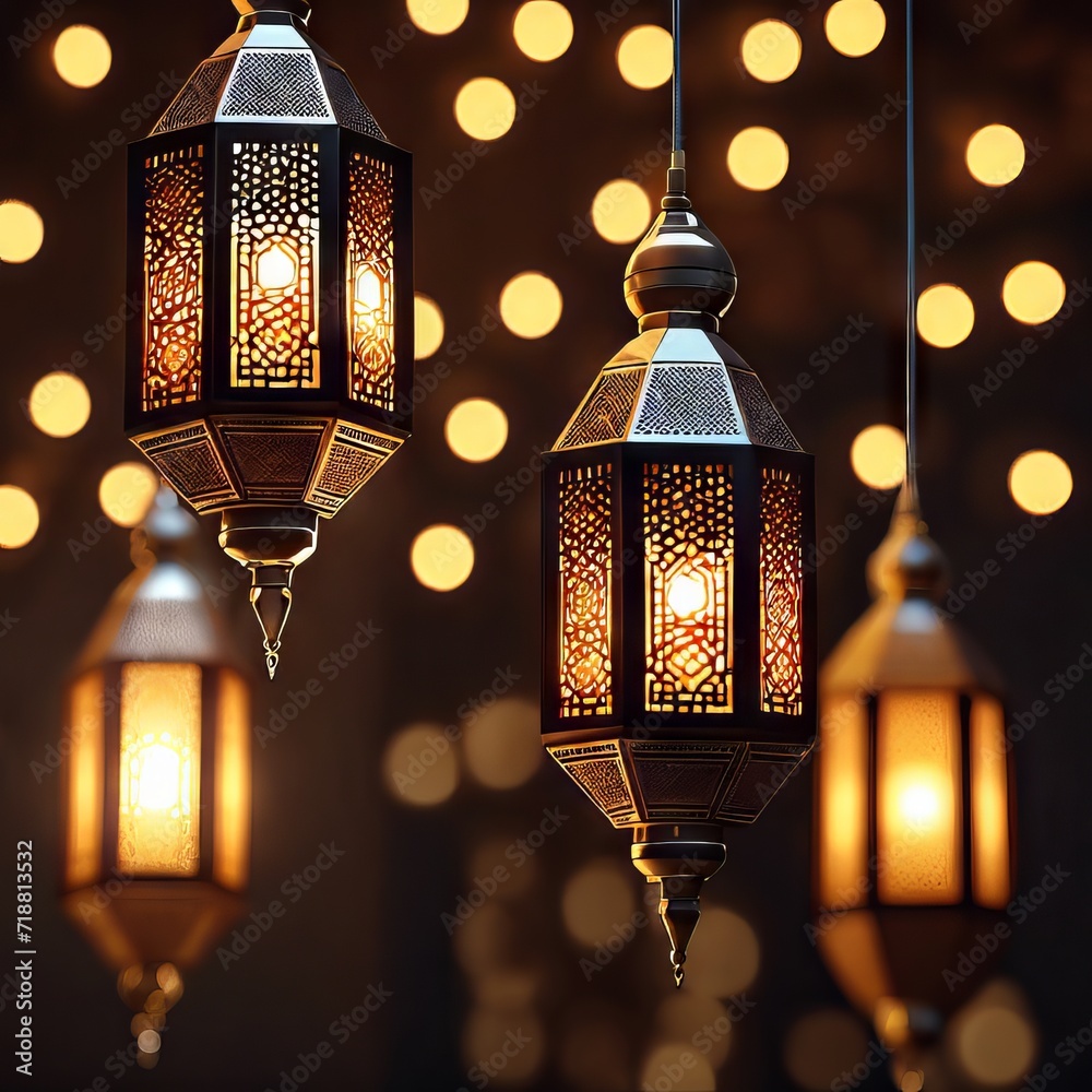 Eid al-Fitr Lamps or Lanterns on the Table in Eid al-Fitr Celebration Eve for Eid Al-fitr Background