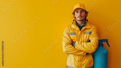 minimalist vivid advertisment background with handsome cleaner and copy space