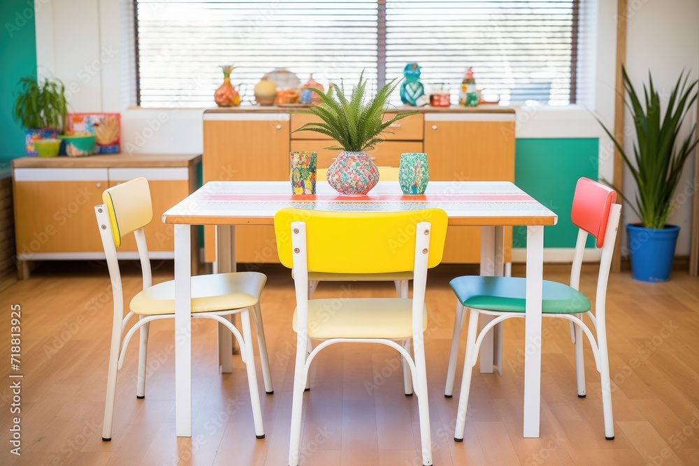 retro dining setup with formica table and vintage chairs