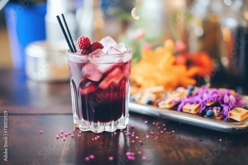 glass of blackcurrant soda with ice cubes and fresh berries